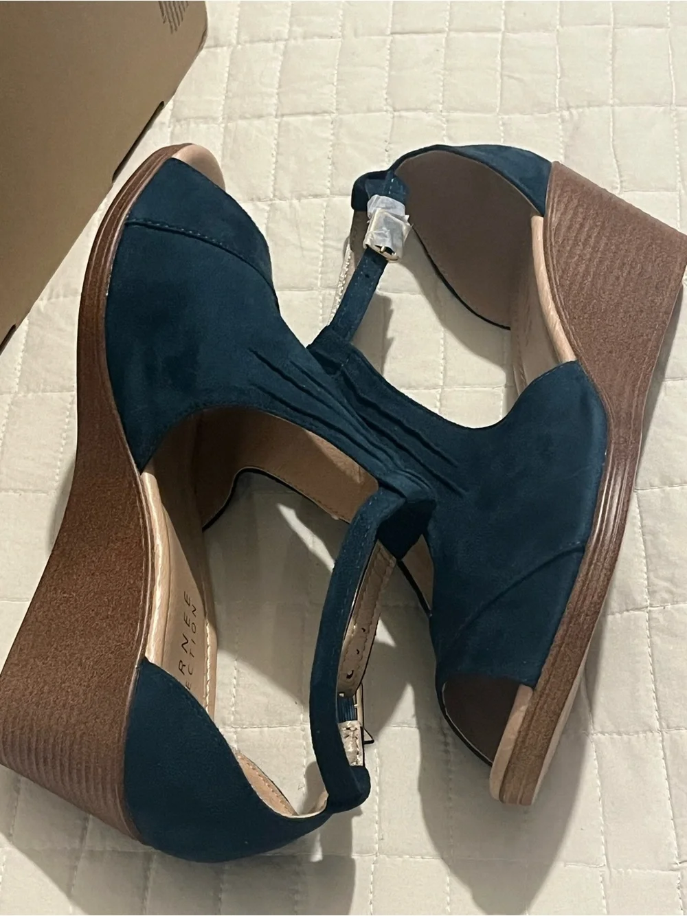 Journee Collection Teal Blue T-Strap Peep Toe Wedge Sandals